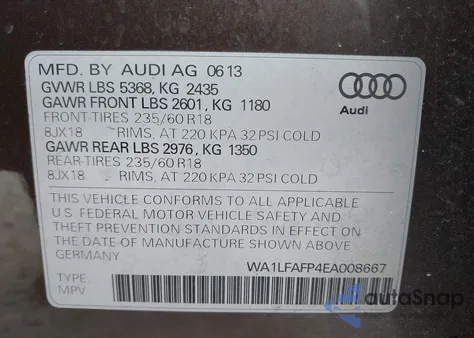 2014 Audi Q5 2.0T Premium из США, поврежденный, VIN WA1LFAFP4EA008667